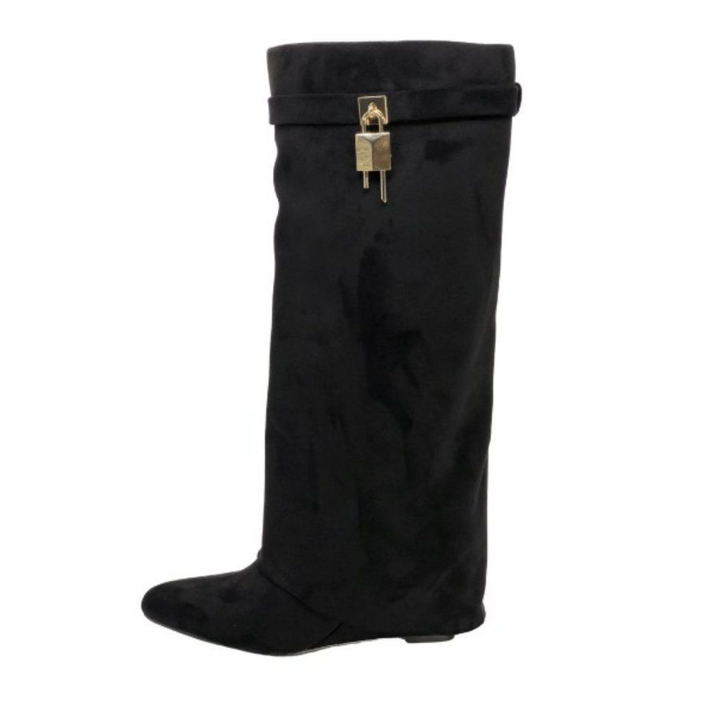 BLACK TALL SUEDE WEDGE BOOT WITH GOLD BUCKLE DETAIL